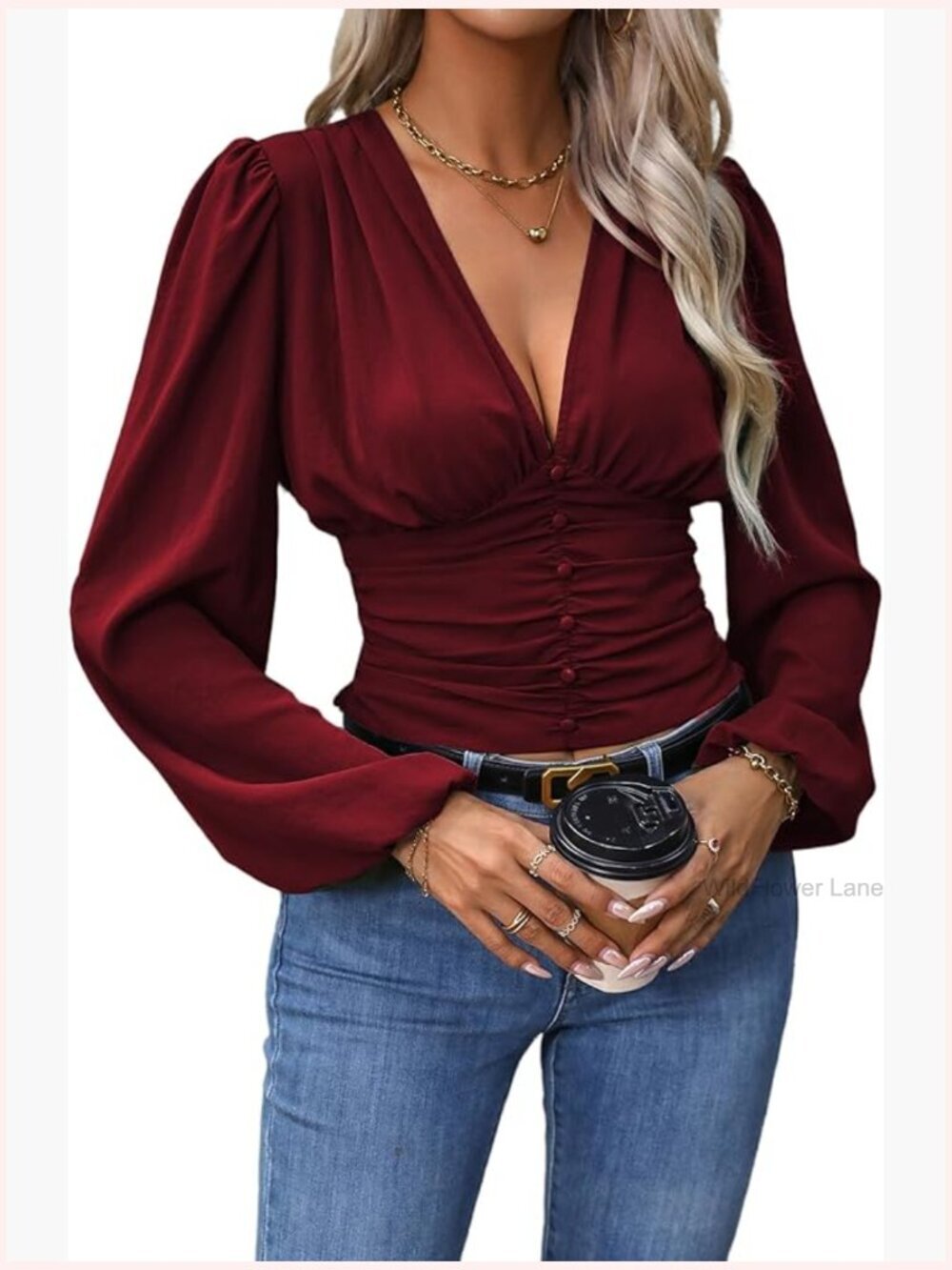 Ruched Deep V Neck Button Front Smock Lantern Sleeve Crop Top Blouse